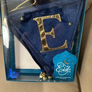 Beautiful EID 7' Garland New in Box - Gold, Blue Fabric, Gold Bells